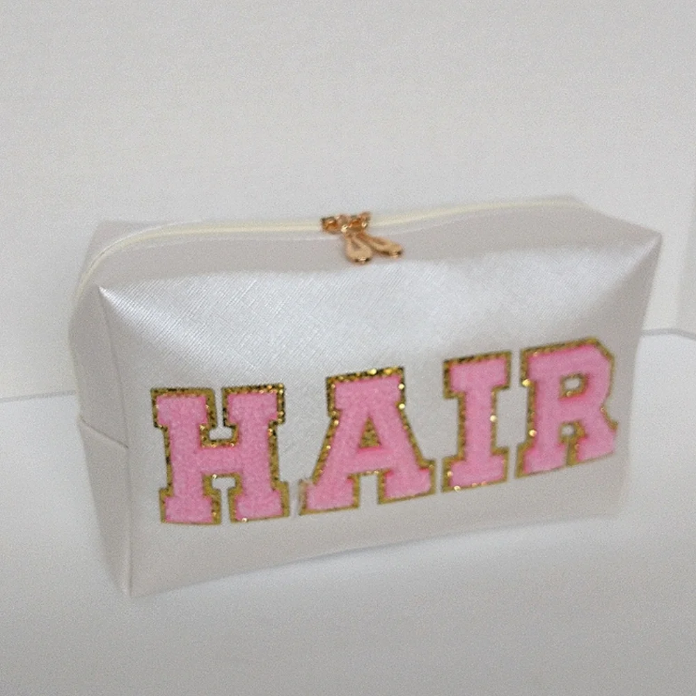New Chenille Varsity Lettered Makeup / Hair Products Bag - Pearl White/Pink